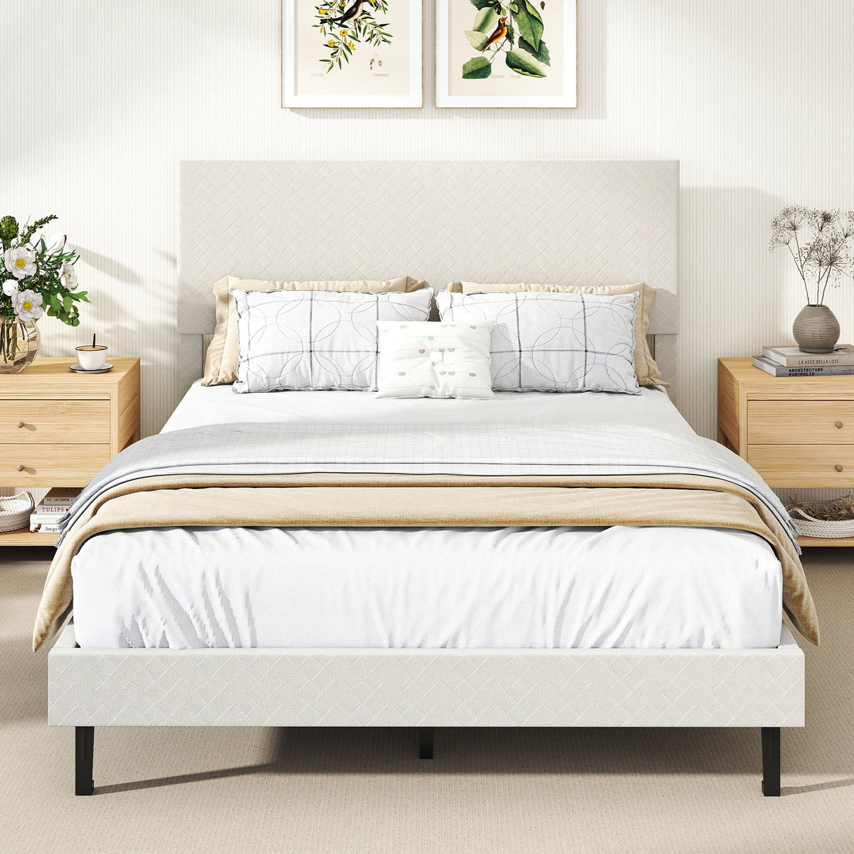Twin/Full/Queen Size Velvet Bed Frame Upholstered Platform Bed with Chevron Headboard Beige-Full view 3