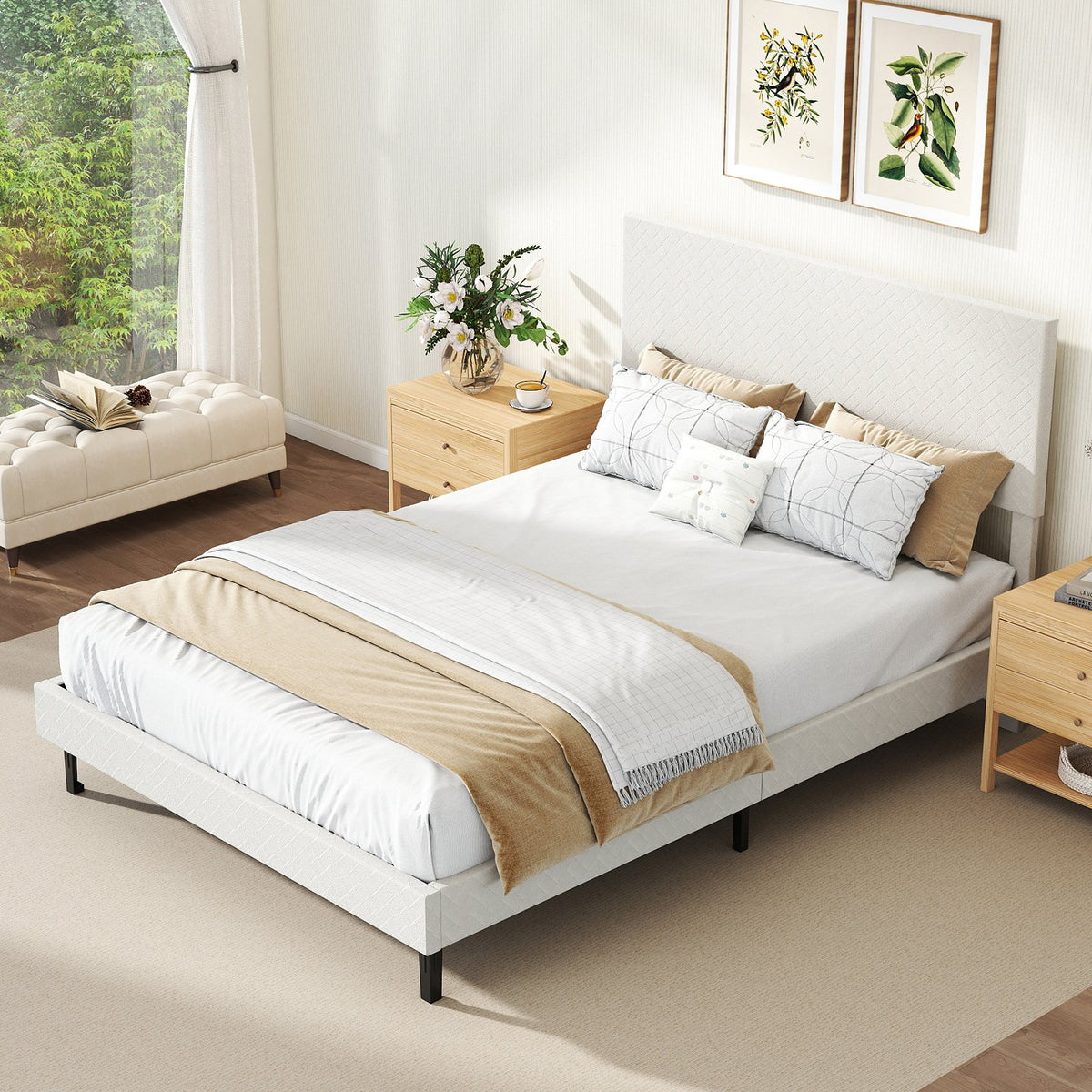 Twin/Full/Queen Size Velvet Bed Frame Upholstered Platform Bed with Chevron Headboard Beige-Full view 5