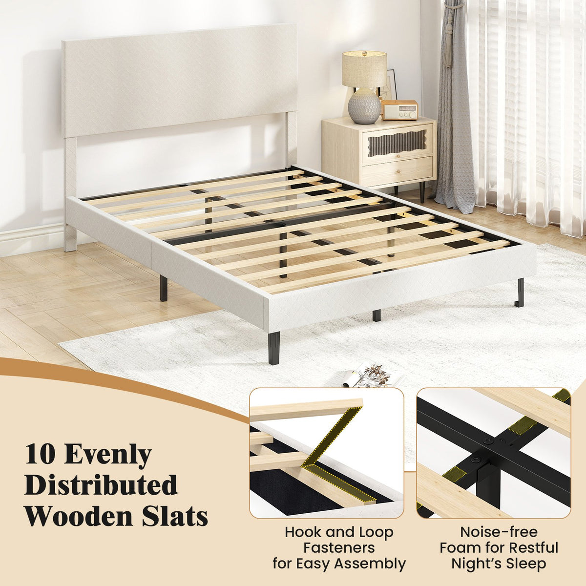 Twin/Full/Queen Size Velvet Bed Frame Upholstered Platform Bed with Chevron Headboard Beige-Full view 6