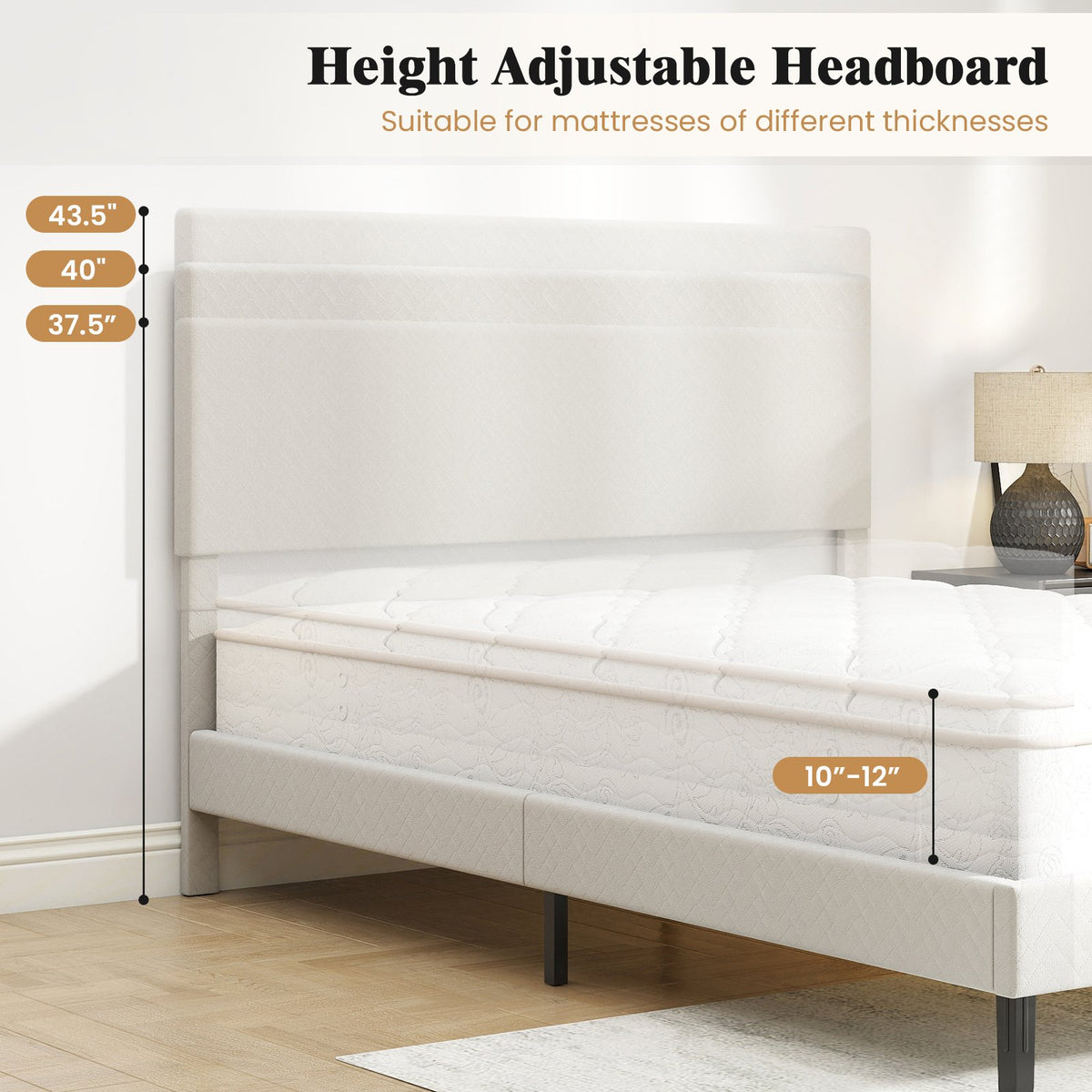 Twin/Full/Queen Size Velvet Bed Frame Upholstered Platform Bed with Chevron Headboard Beige-Full view 9