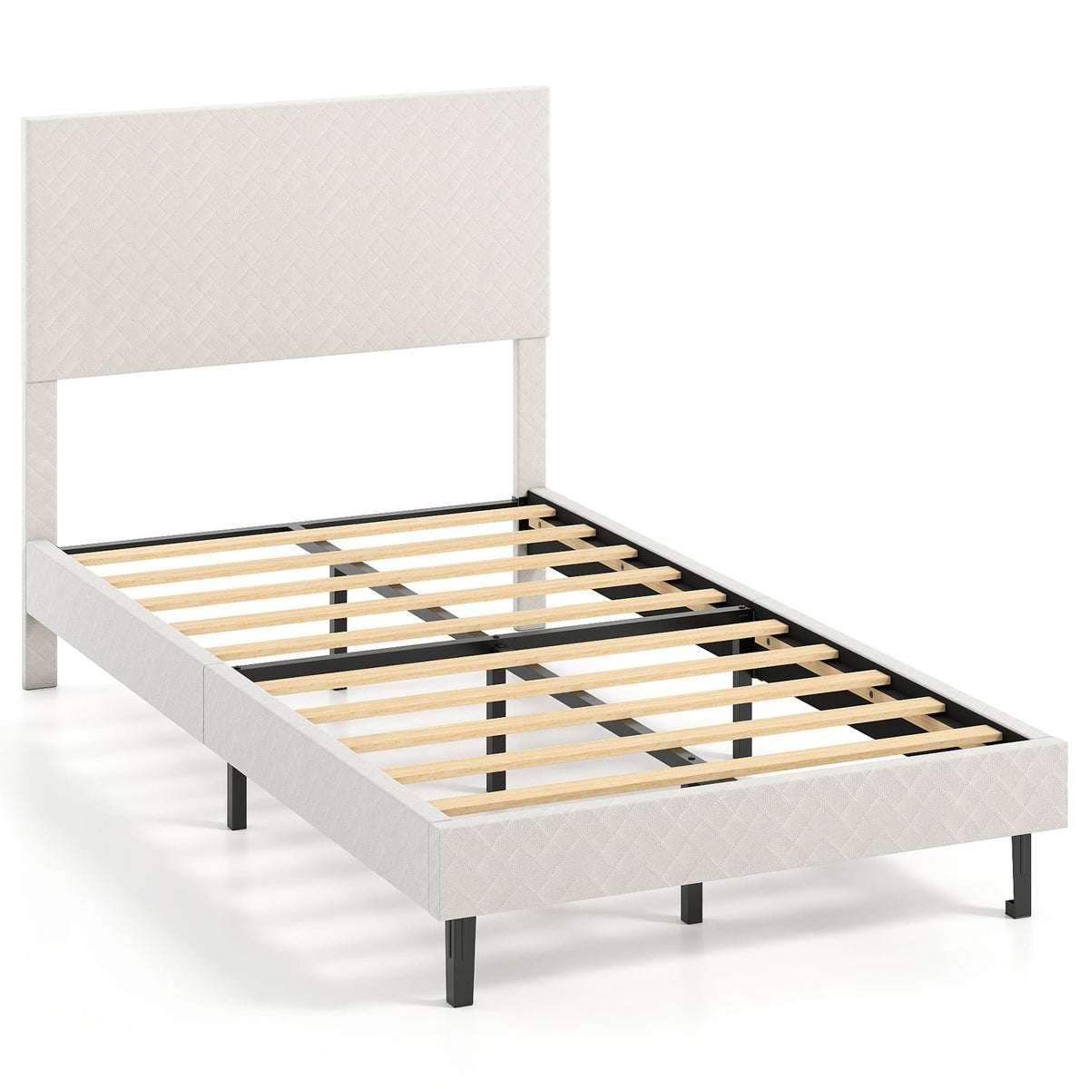Twin/Full/Queen Size Velvet Bed Frame Upholstered Platform Bed with Chevron Headboard Beige-Twin