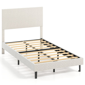Twin/Full/Queen Size Velvet Bed Frame Upholstered Platform Bed with Chevron Headboard Beige-Twin