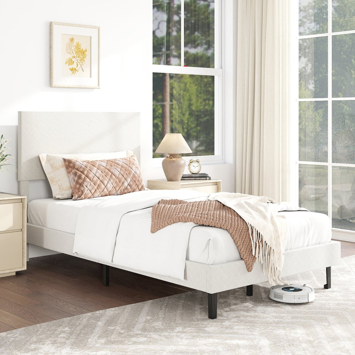 Twin/Full/Queen Size Velvet Bed Frame Upholstered Platform Bed with Chevron Headboard Beige-Twin view 2