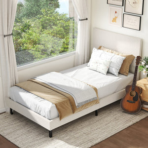 Twin/Full/Queen Size Velvet Bed Frame Upholstered Platform Bed with Chevron Headboard Beige-Twin view 5