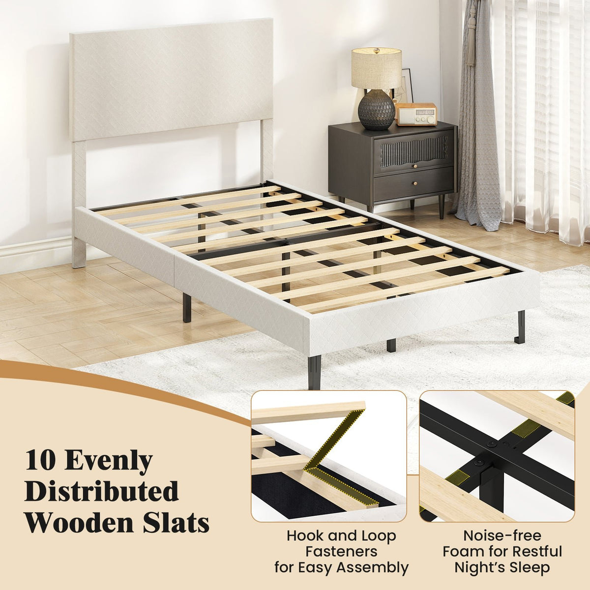Twin/Full/Queen Size Velvet Bed Frame Upholstered Platform Bed with Chevron Headboard Beige-Twin view 6