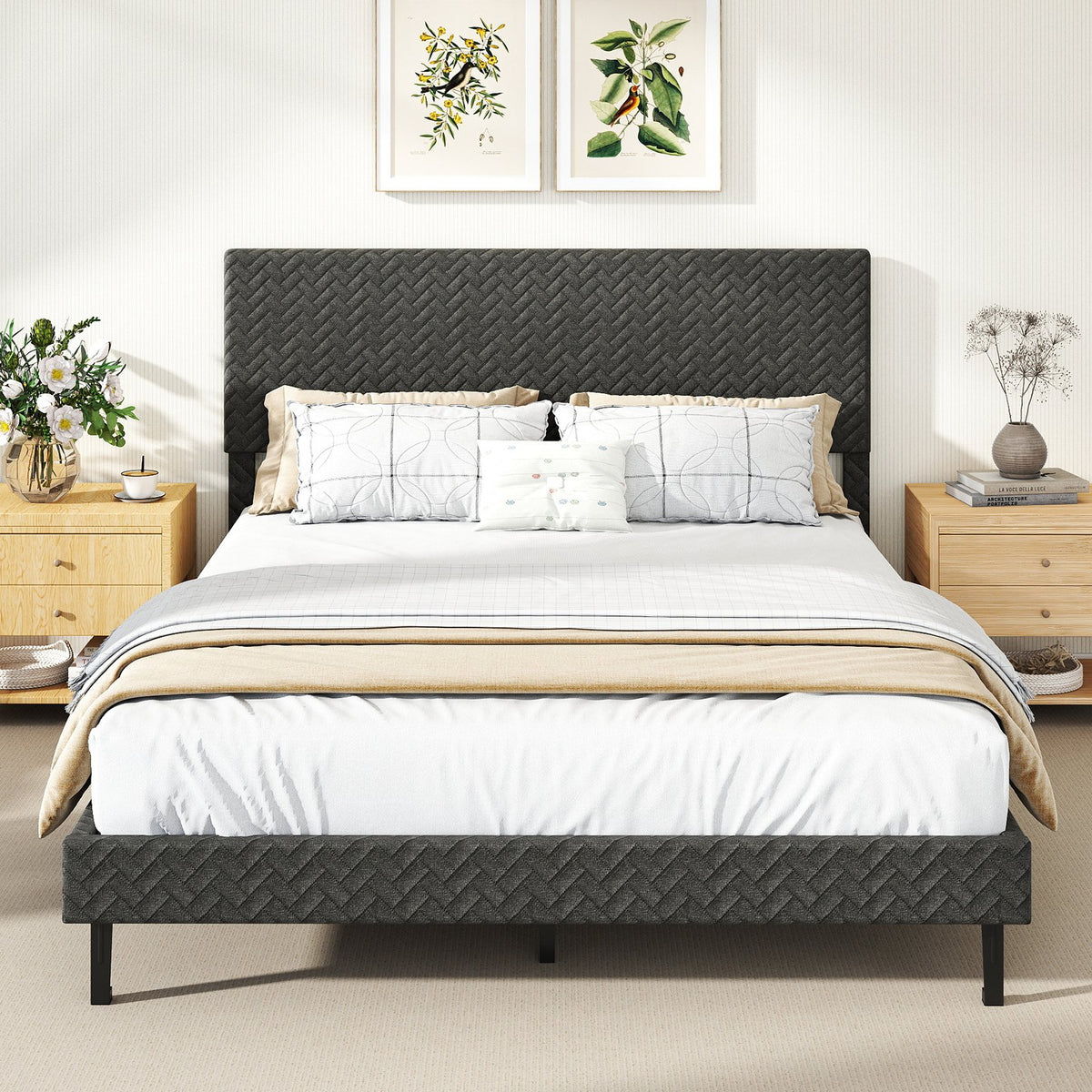 Twin/Full/Queen Size Velvet Bed Frame Upholstered Platform Bed with Chevron Headboard Gray-Queen view 3