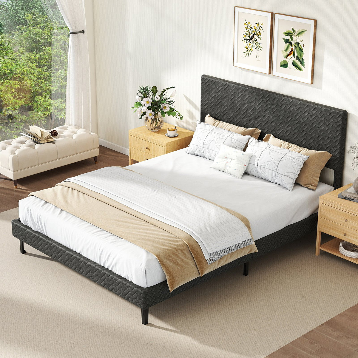 Twin/Full/Queen Size Velvet Bed Frame Upholstered Platform Bed with Chevron Headboard Gray-Queen view 5