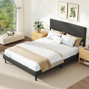 Twin/Full/Queen Size Velvet Bed Frame Upholstered Platform Bed with Chevron Headboard Gray-Queen view 5