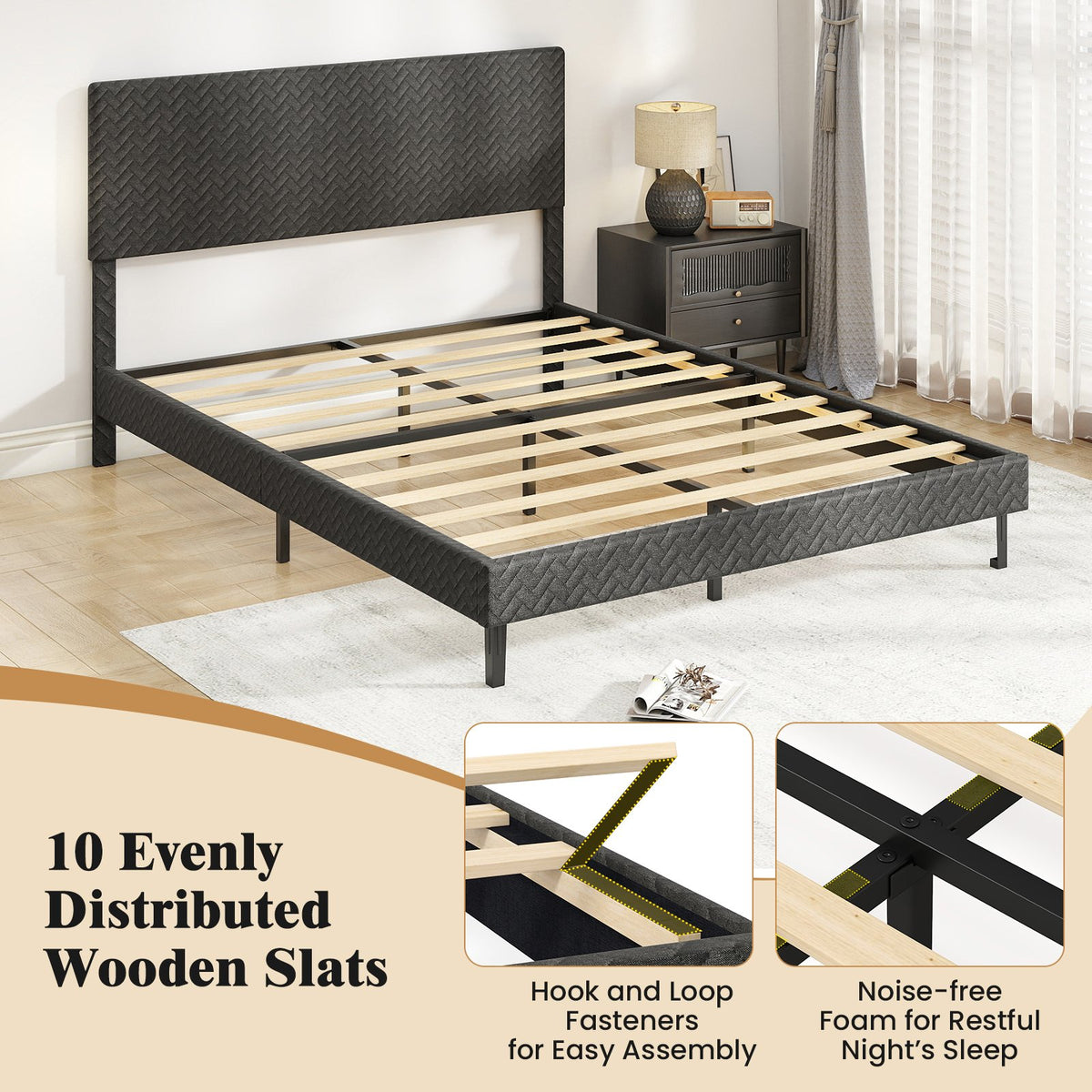Twin/Full/Queen Size Velvet Bed Frame Upholstered Platform Bed with Chevron Headboard Gray-Queen view 6