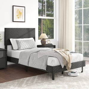 Twin/Full/Queen Size Velvet Bed Frame Upholstered Platform Bed with Chevron Headboard Gray-Twin view 2