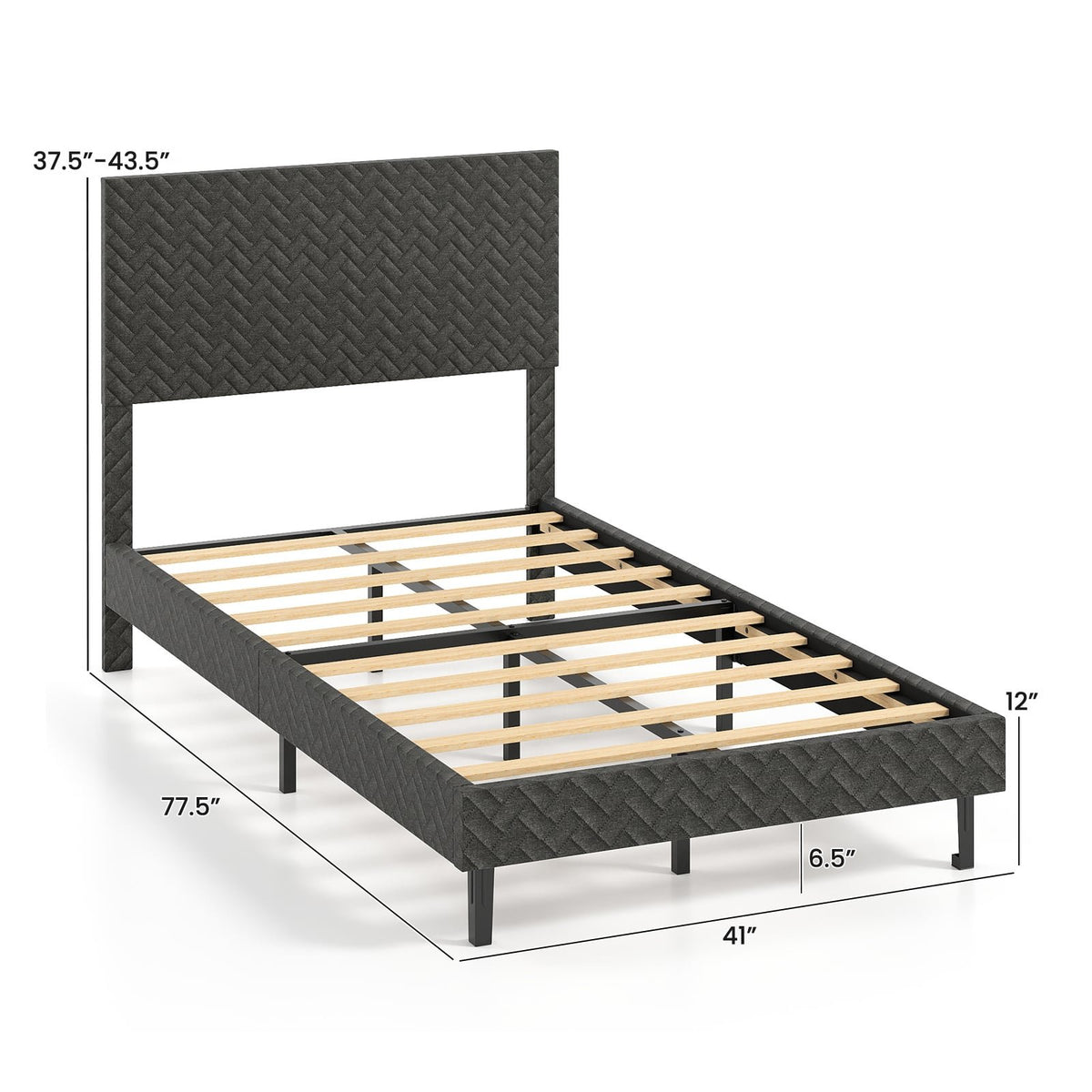 Twin/Full/Queen Size Velvet Bed Frame Upholstered Platform Bed with Chevron Headboard Gray-Twin view 4