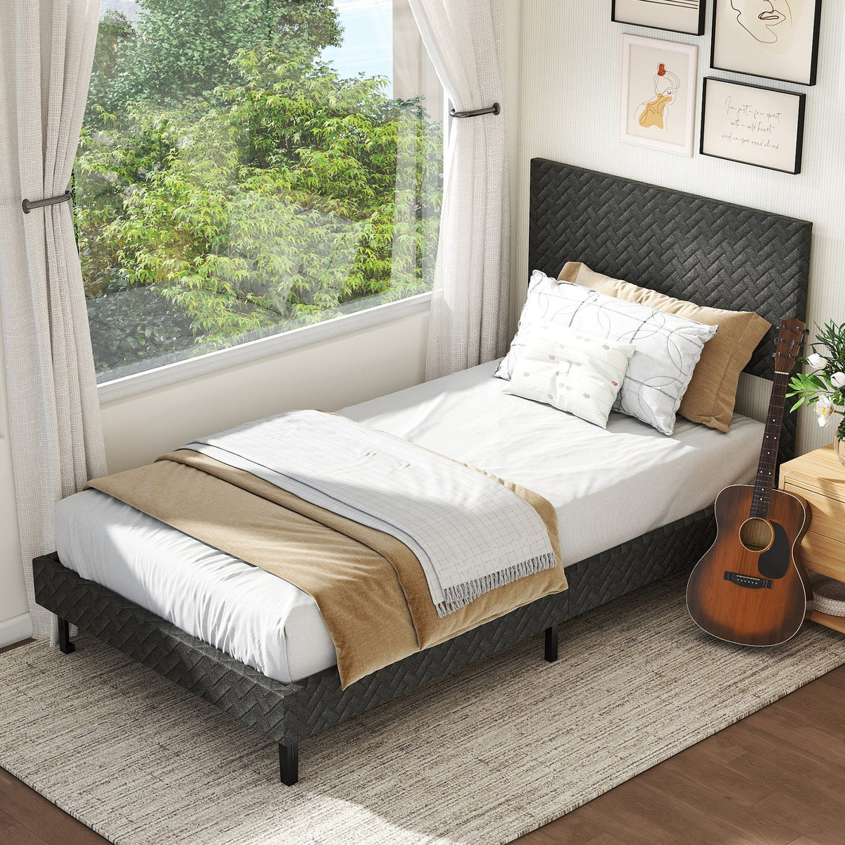 Twin/Full/Queen Size Velvet Bed Frame Upholstered Platform Bed with Chevron Headboard Gray-Twin view 5