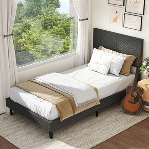 Twin/Full/Queen Size Velvet Bed Frame Upholstered Platform Bed with Chevron Headboard Gray-Twin view 5