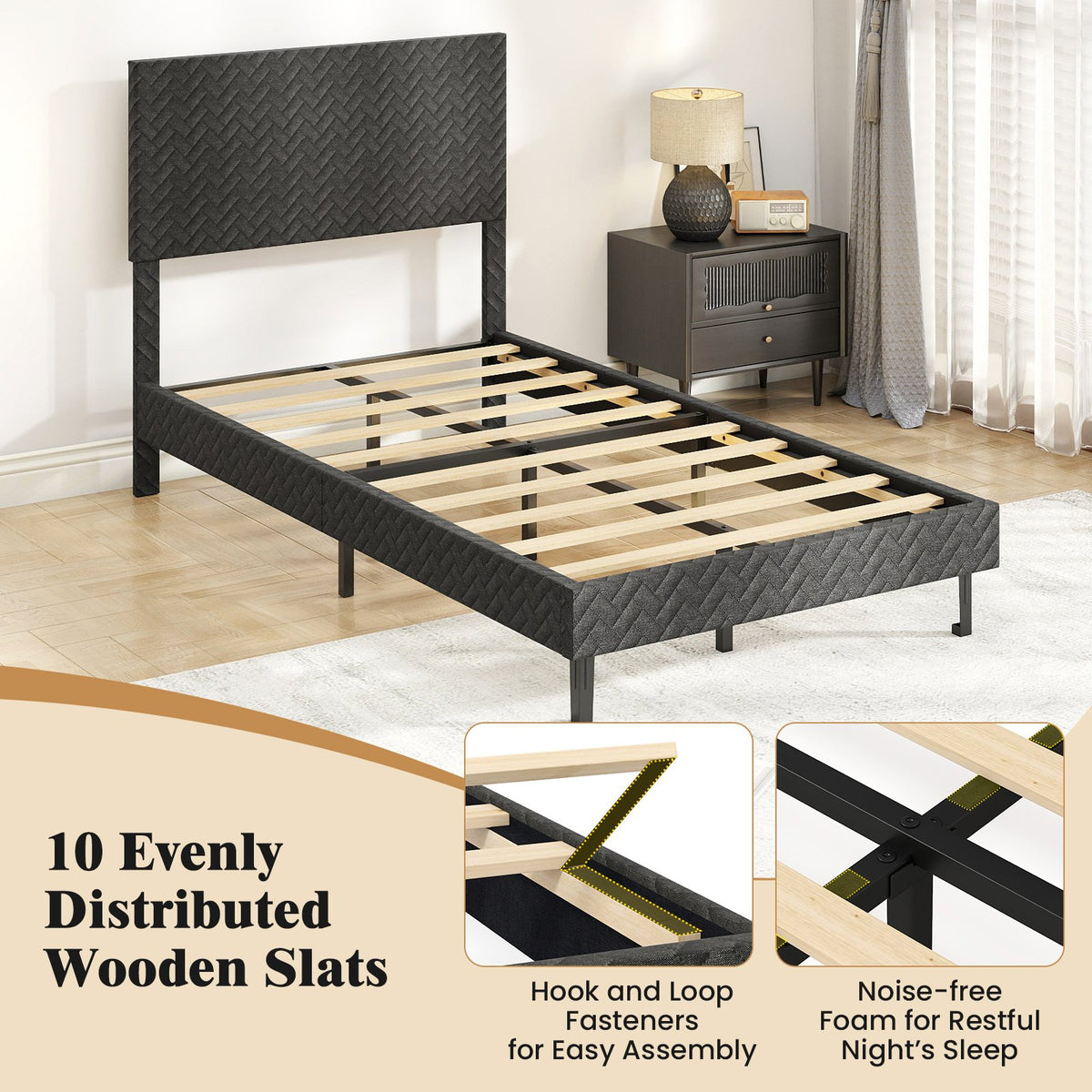 Twin/Full/Queen Size Velvet Bed Frame Upholstered Platform Bed with Chevron Headboard Gray-Twin view 6