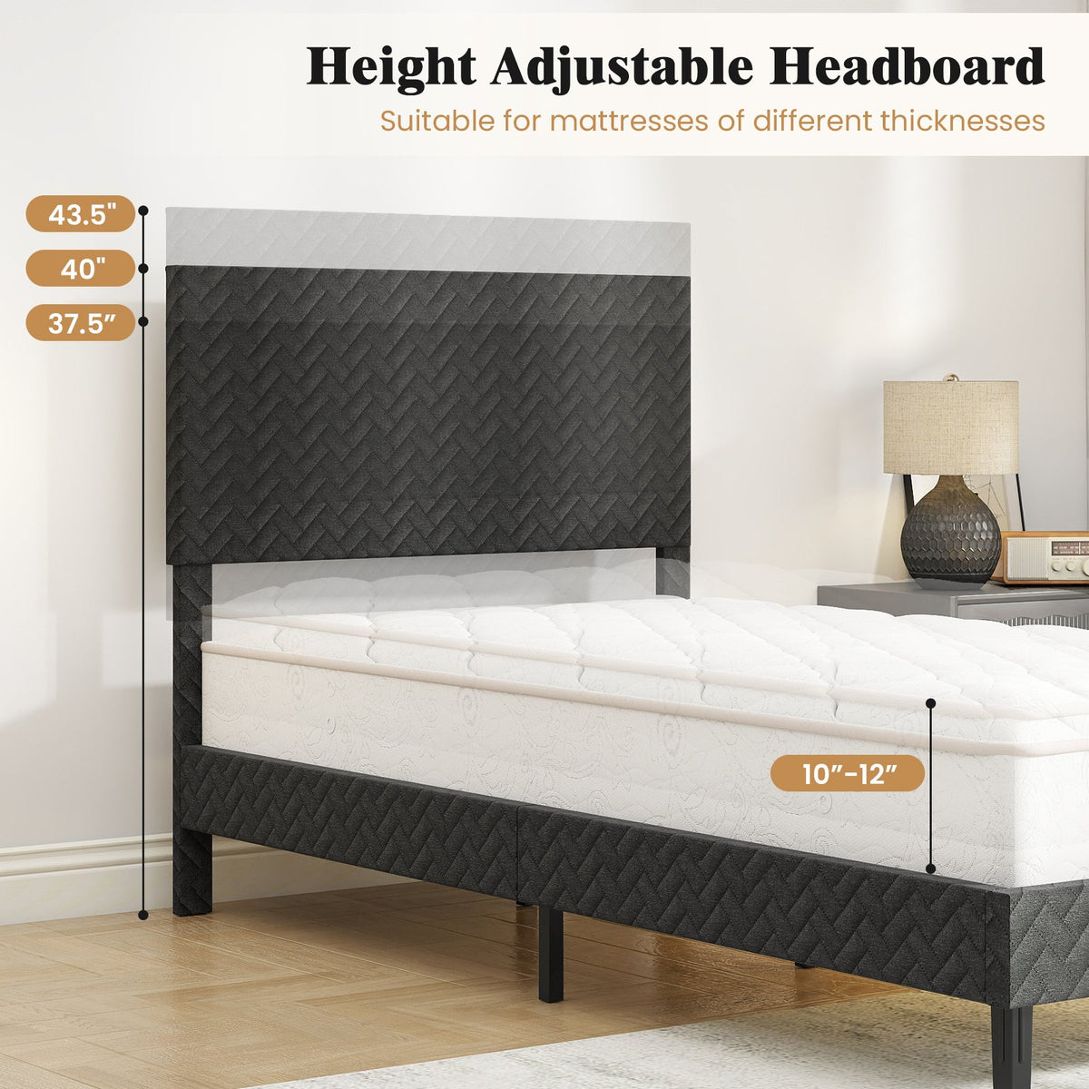 Twin/Full/Queen Size Velvet Bed Frame Upholstered Platform Bed with Chevron Headboard Gray-Twin view 9