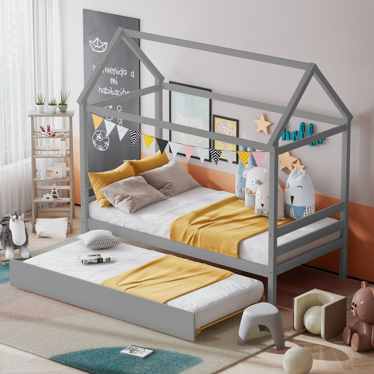 Kids Platform Bed Frame with Roof for Bedroom-Gray view 2