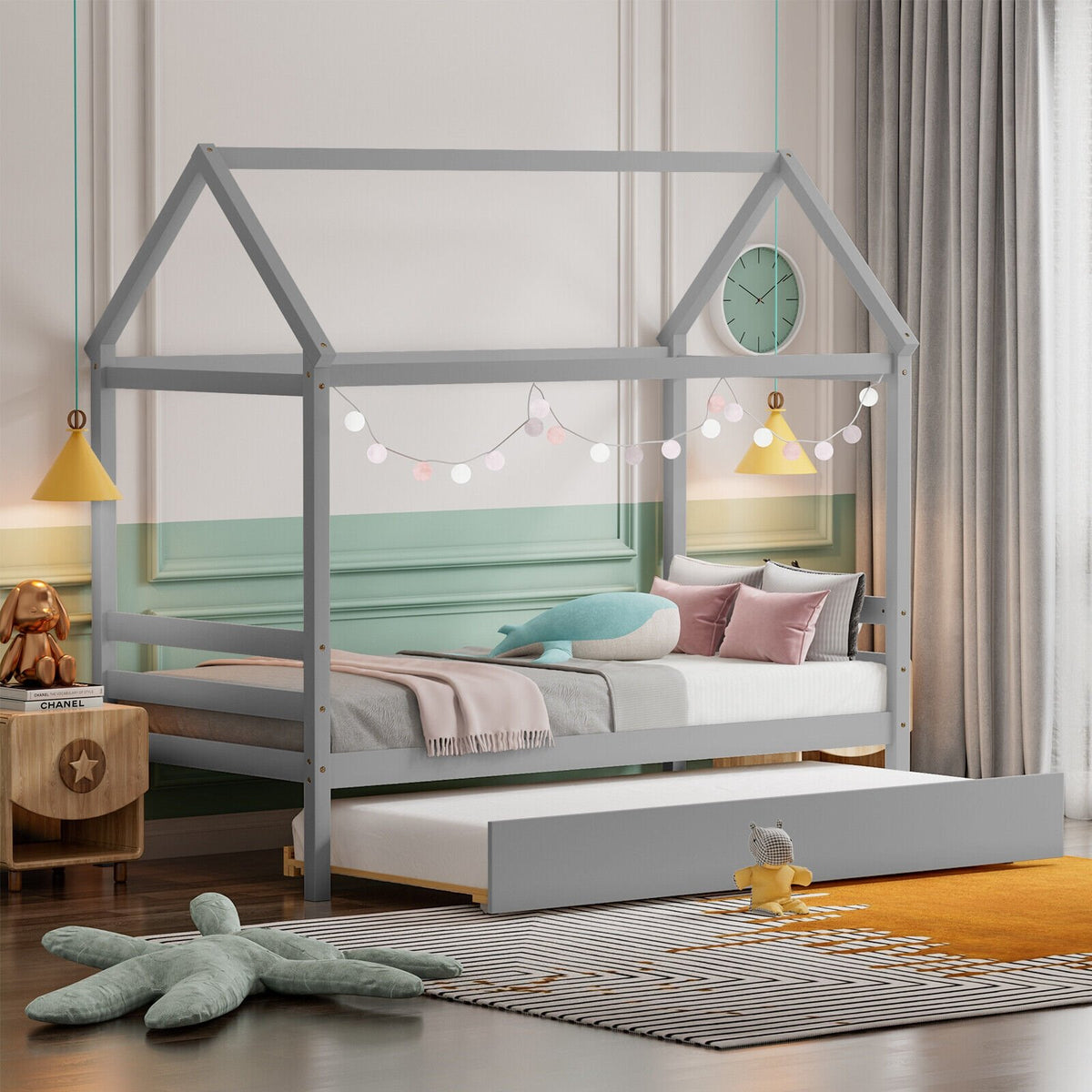 Kids Platform Bed Frame with Roof for Bedroom-Gray view 3