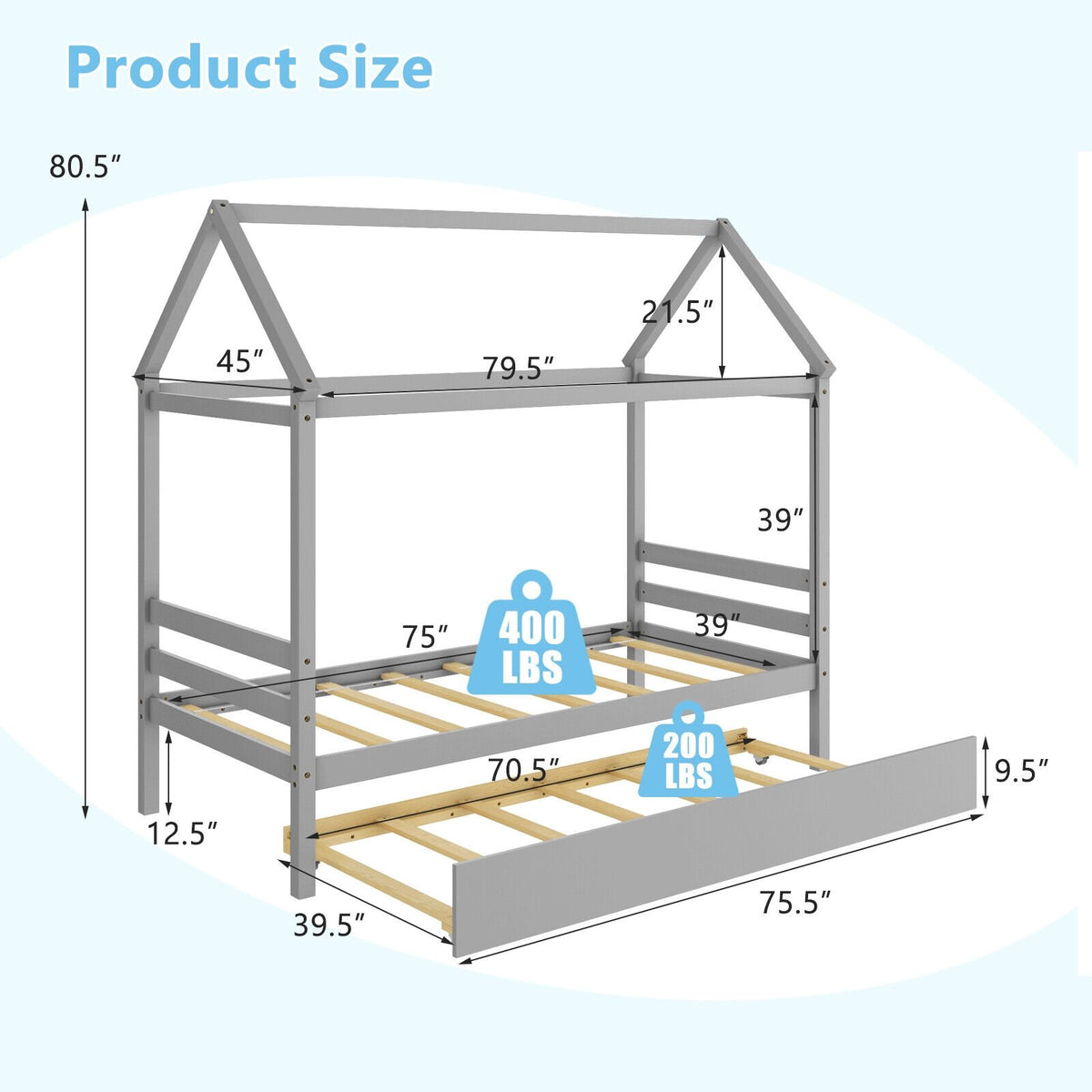 Kids Platform Bed Frame with Roof for Bedroom-Gray view 5