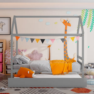 Kids Platform Bed Frame with Roof for Bedroom-Gray view 6