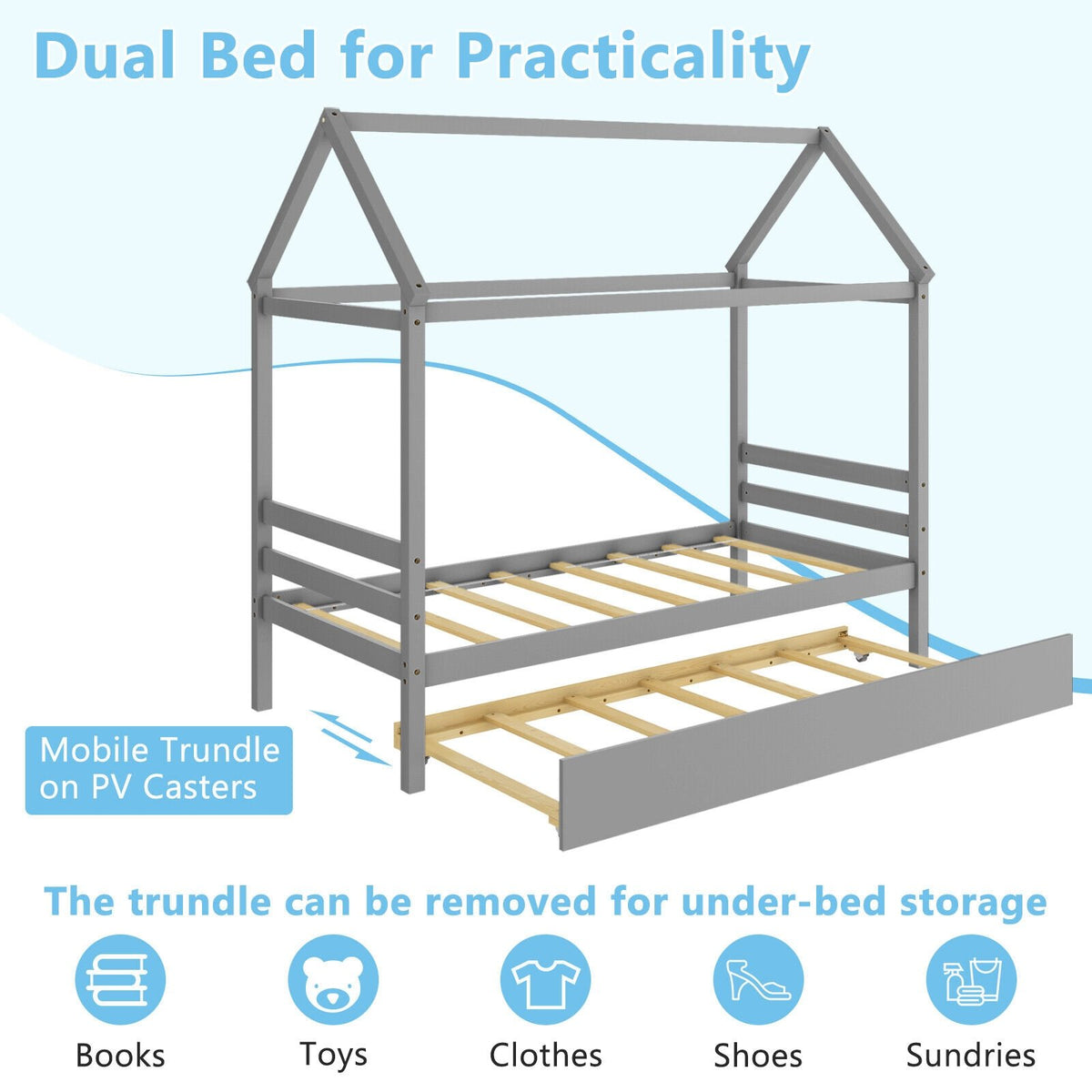 Kids Platform Bed Frame with Roof for Bedroom-Gray view 7