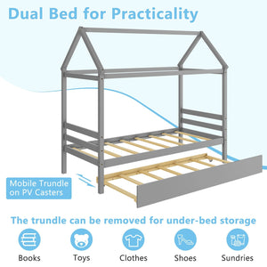 Kids Platform Bed Frame with Roof for Bedroom-Gray view 7