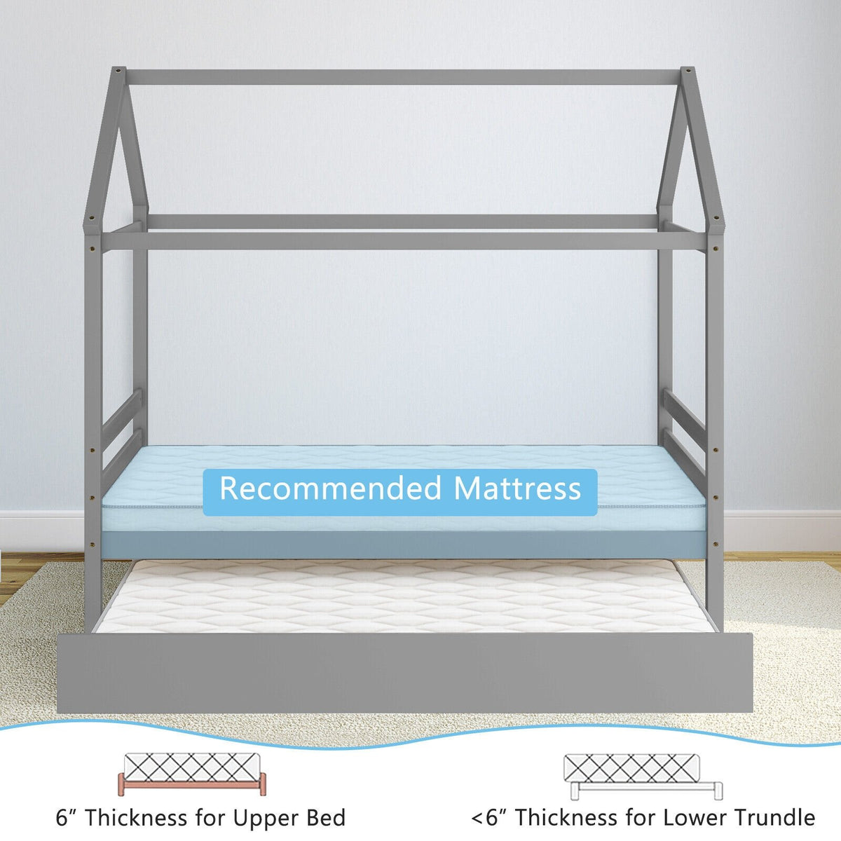Kids Platform Bed Frame with Roof for Bedroom-Gray view 8