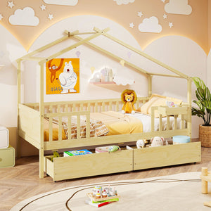 Twin House Bed with 2 Storage Drawers and Roof & Fence Rails-Natural view 2