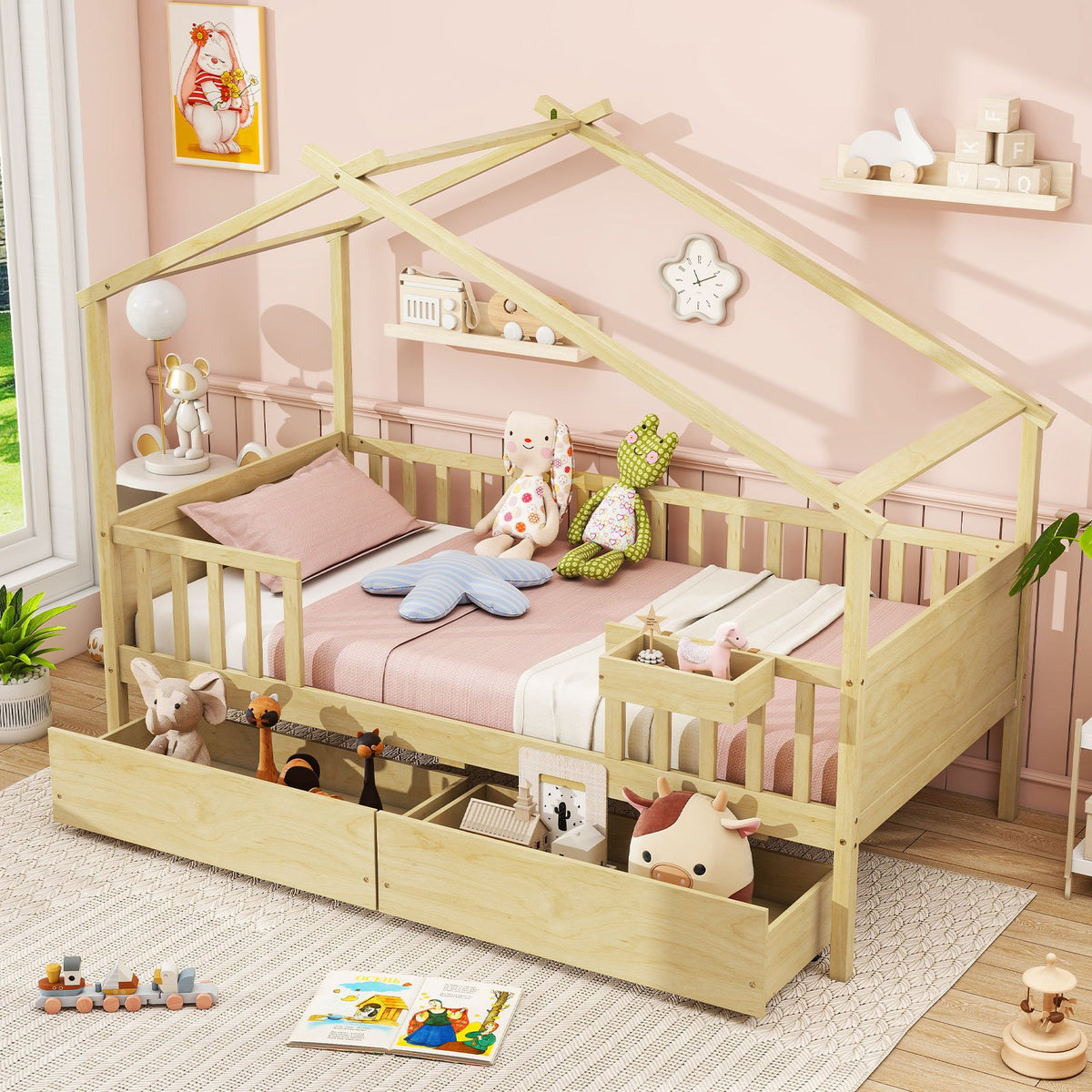 Twin House Bed with 2 Storage Drawers and Roof & Fence Rails-Natural view 3