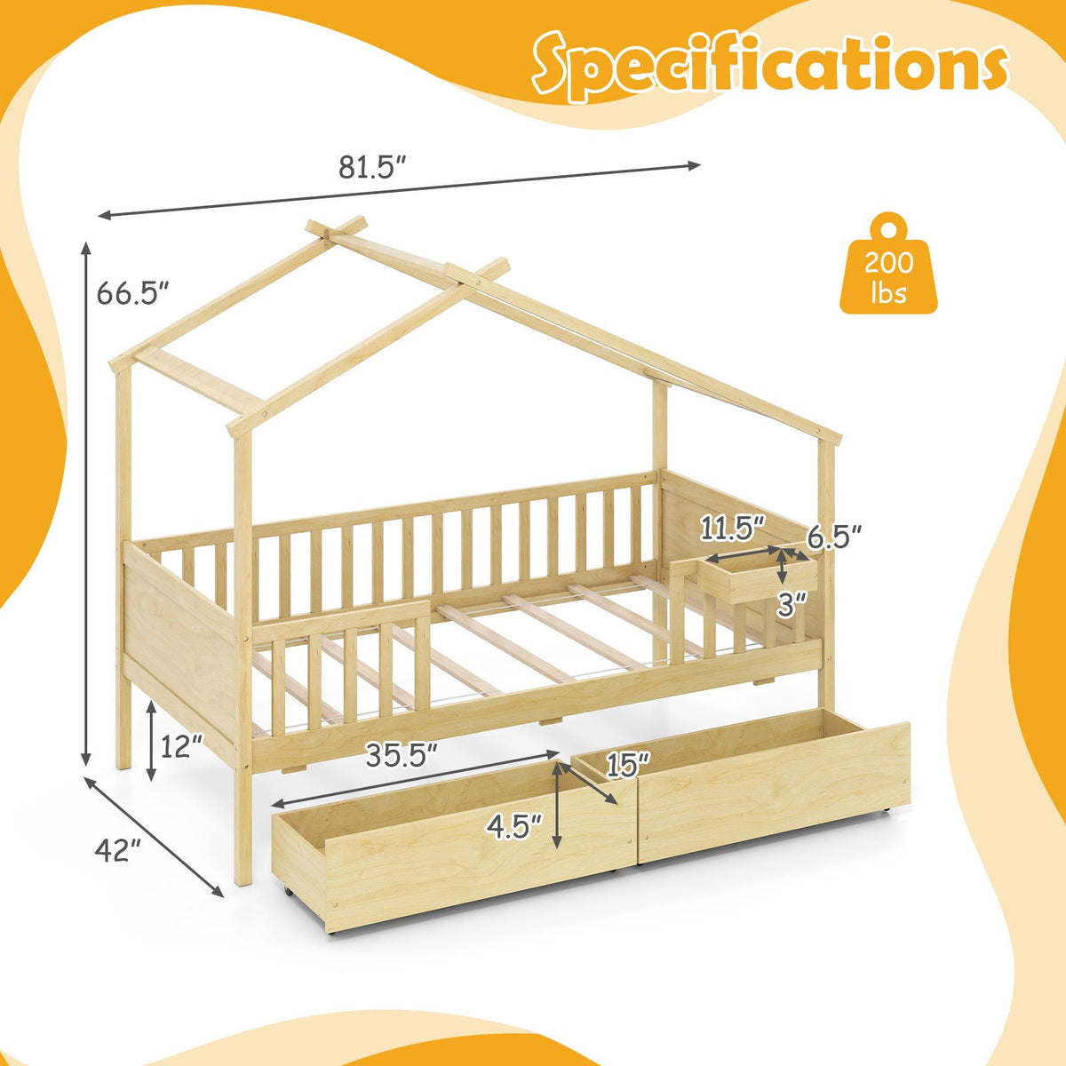 Twin House Bed with 2 Storage Drawers and Roof & Fence Rails-Natural view 4