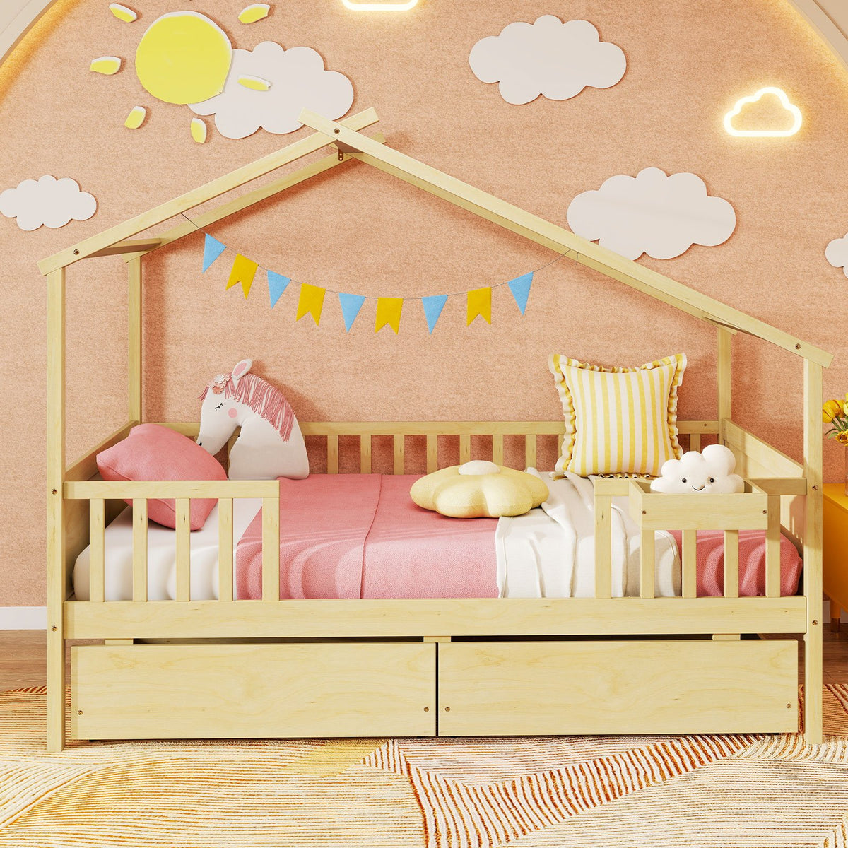 Twin House Bed with 2 Storage Drawers and Roof & Fence Rails-Natural view 5