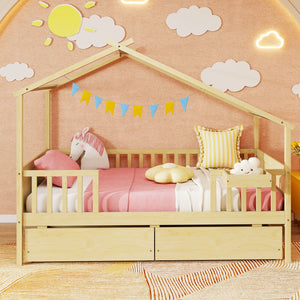Twin House Bed with 2 Storage Drawers and Roof & Fence Rails-Natural view 5