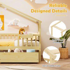 Twin House Bed with 2 Storage Drawers and Roof & Fence Rails-Natural view 6