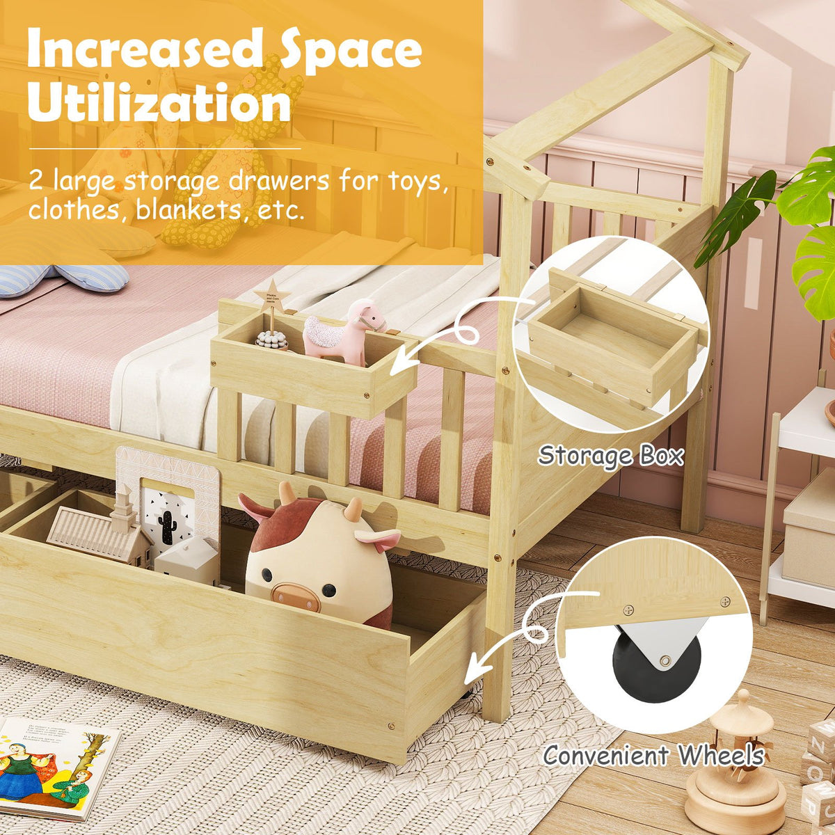 Twin House Bed with 2 Storage Drawers and Roof & Fence Rails-Natural view 7