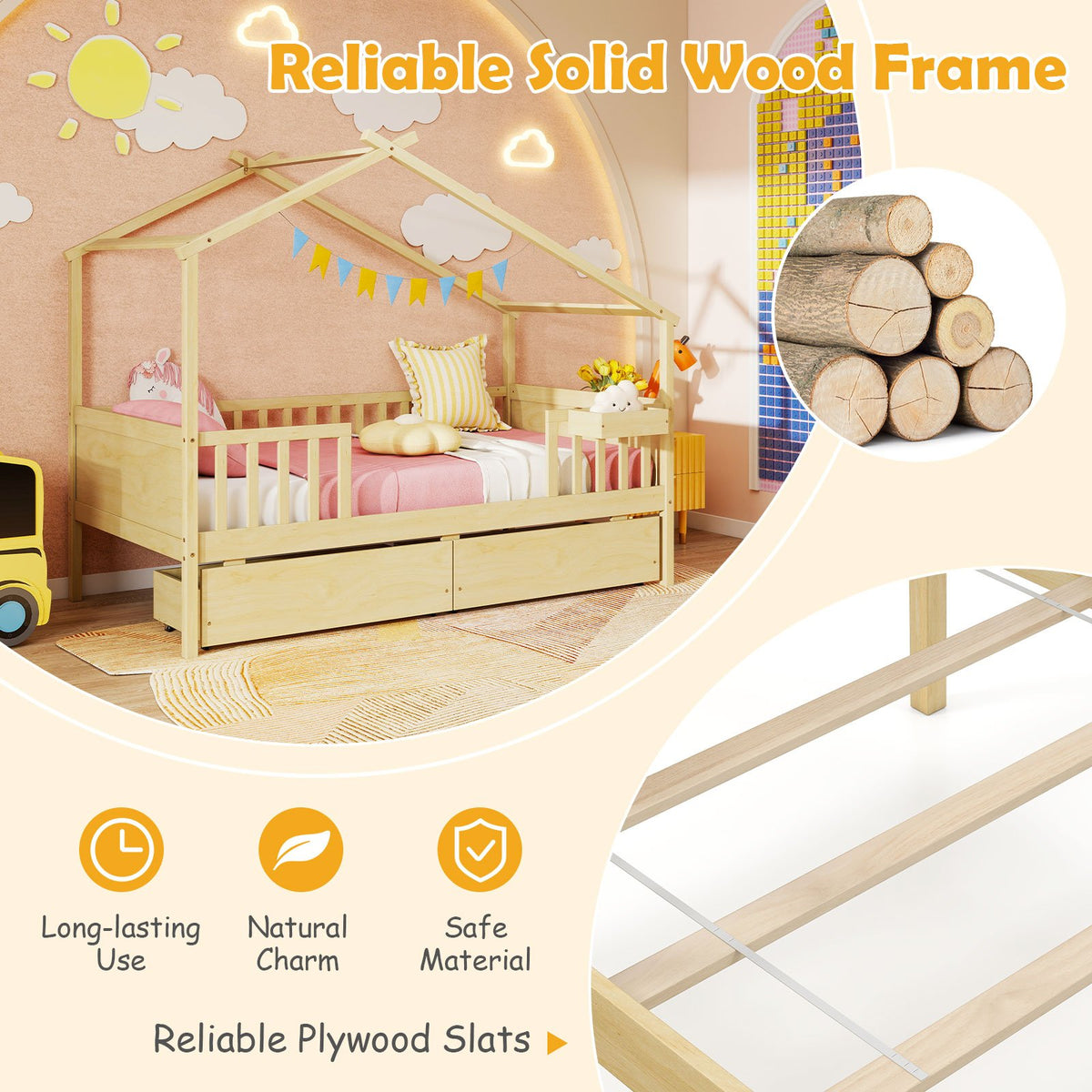 Twin House Bed with 2 Storage Drawers and Roof & Fence Rails-Natural view 9