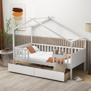 Twin House Bed with 2 Storage Drawers and Roof & Fence Rails-White view 2