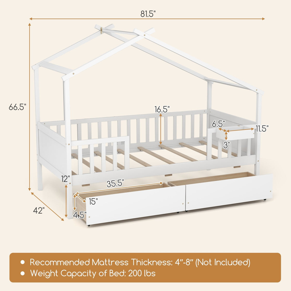 Twin House Bed with 2 Storage Drawers and Roof & Fence Rails-White view 5