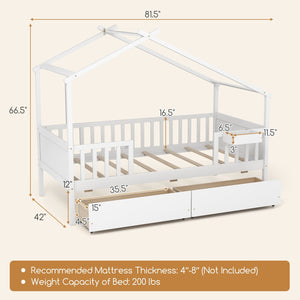 Twin House Bed with 2 Storage Drawers and Roof & Fence Rails-White view 5