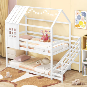 Twin House Bed with Stairs and Roof for Kids-White view 2