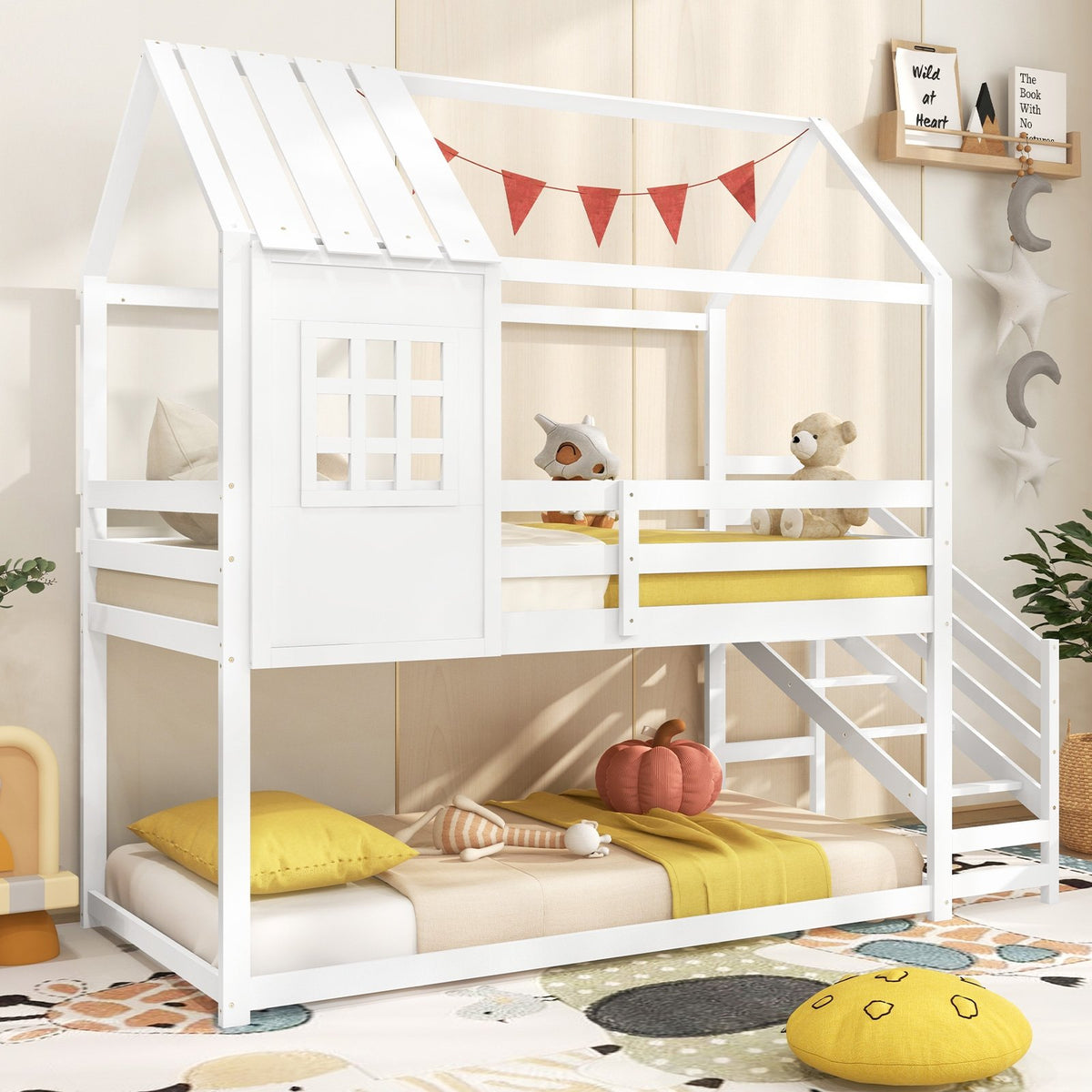 Twin House Bed with Stairs and Roof for Kids-White view 3