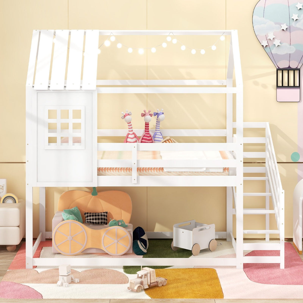 Twin House Bed with Stairs and Roof for Kids-White view 5