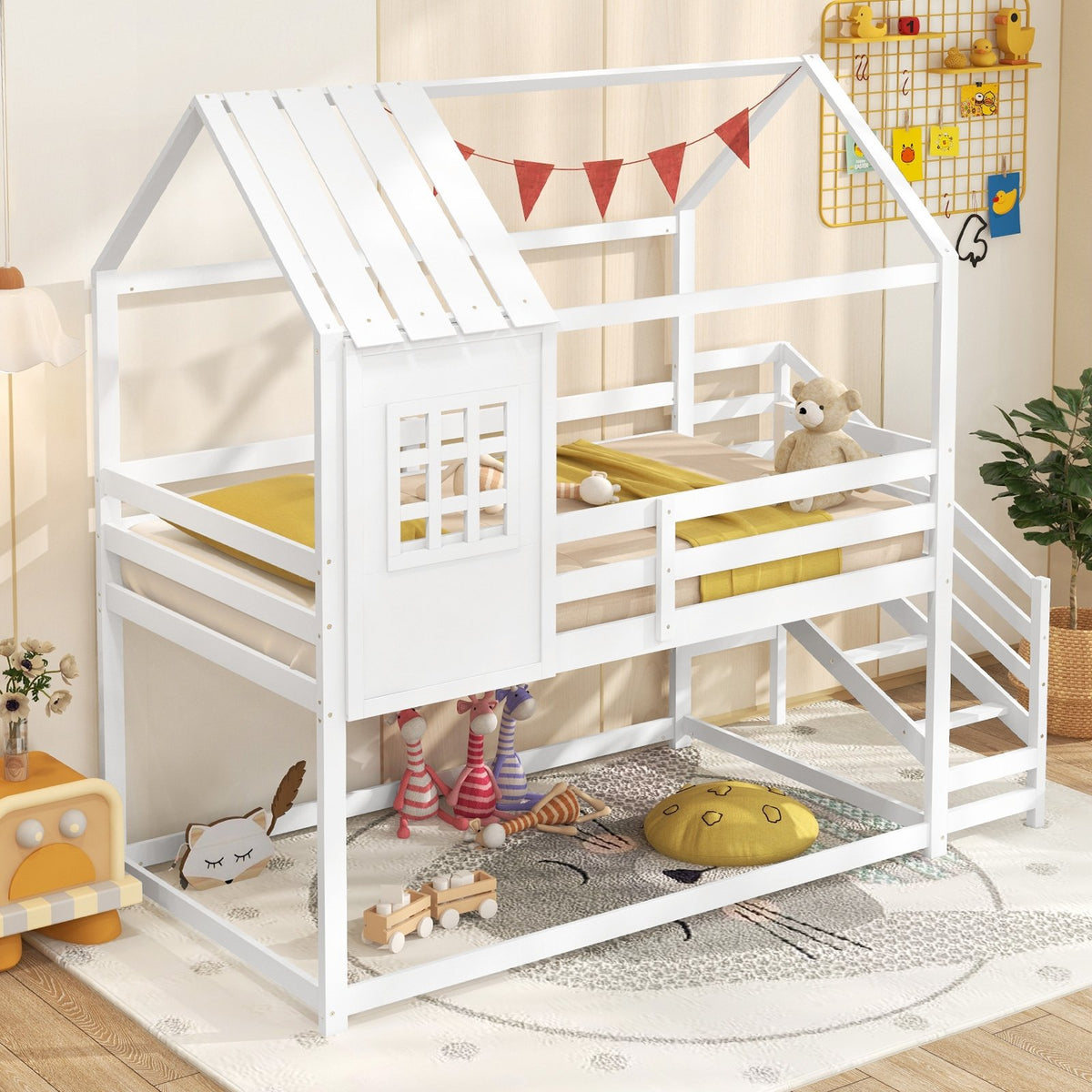 Twin House Bed with Stairs and Roof for Kids-White view 6