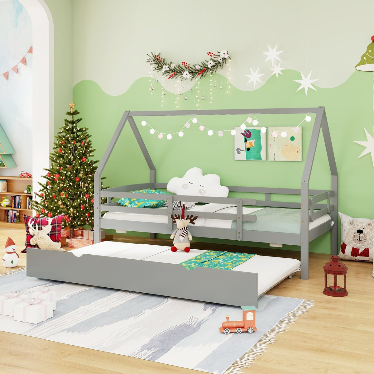 Twin House Bed with Trundle and Fence Rail-Gray view 2