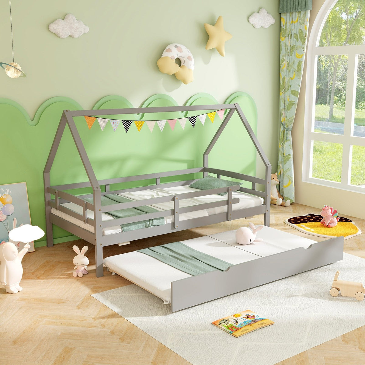Twin House Bed with Trundle and Fence Rail-Gray view 3