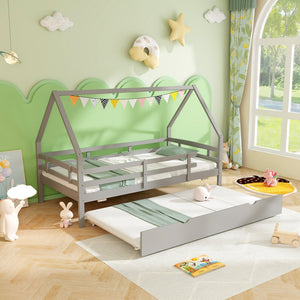 Twin House Bed with Trundle and Fence Rail-Gray view 3