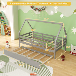 Twin House Bed with Trundle and Fence Rail-Gray view 4