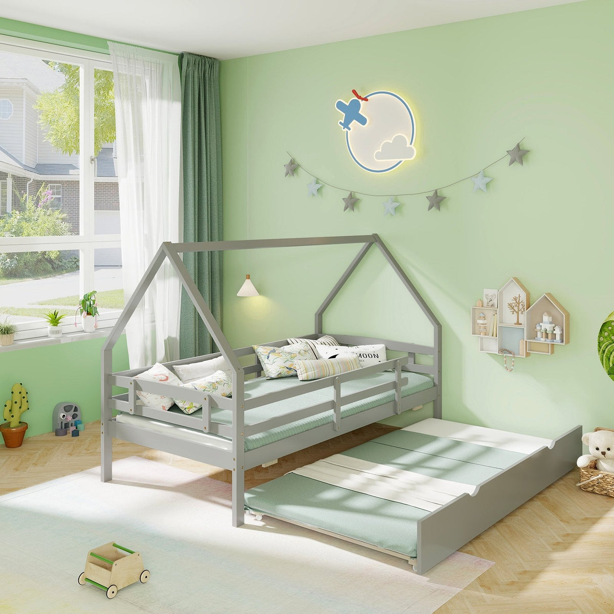 Twin House Bed with Trundle and Fence Rail-Gray view 5