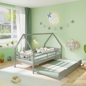 Twin House Bed with Trundle and Fence Rail-Gray view 5