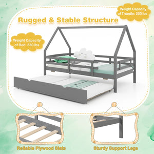 Twin House Bed with Trundle and Fence Rail-Gray view 6