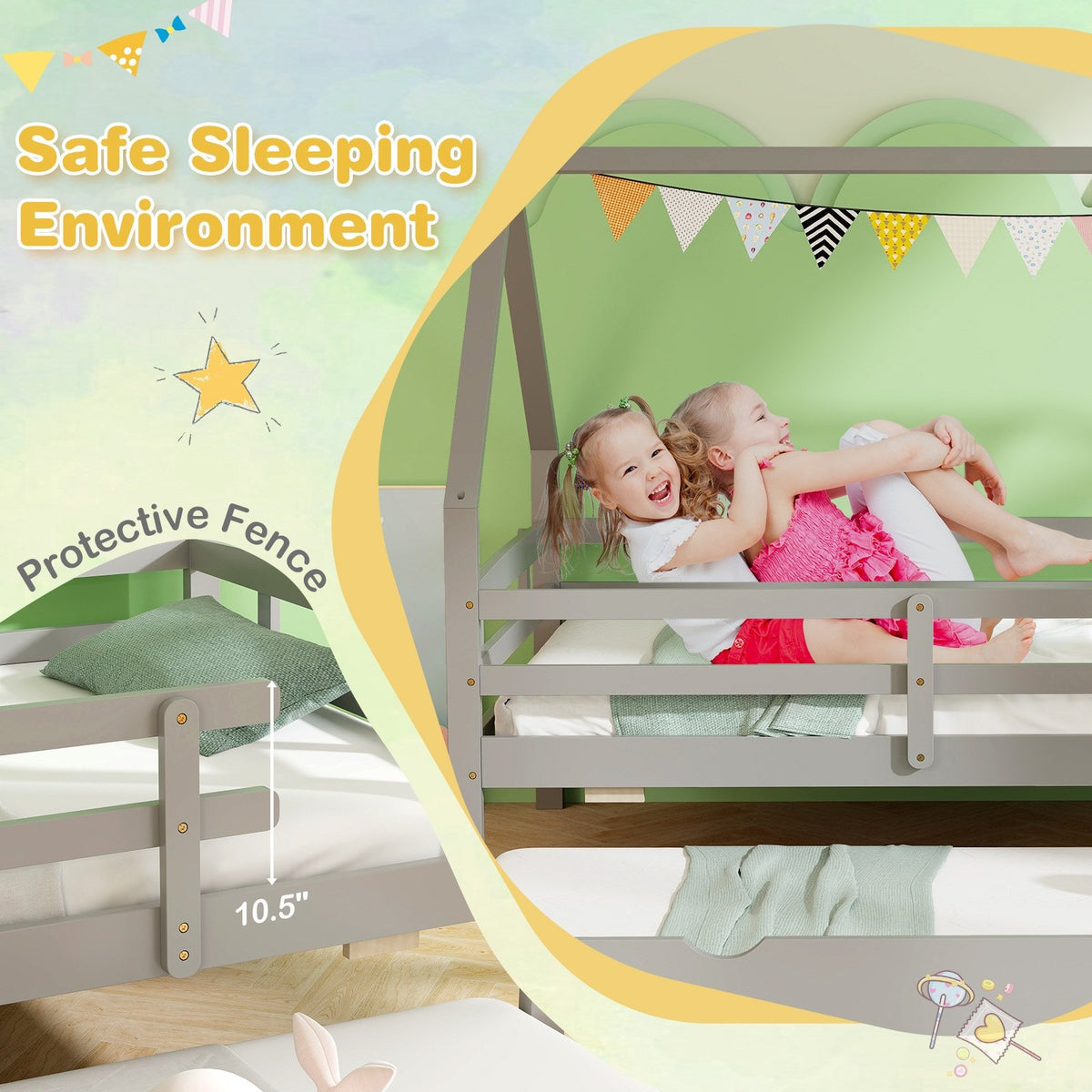 Twin House Bed with Trundle and Fence Rail-Gray view 7