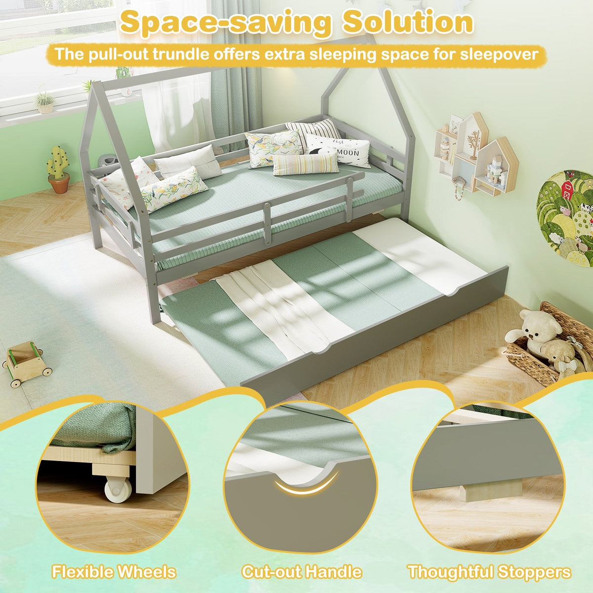 Twin House Bed with Trundle and Fence Rail-Gray view 9
